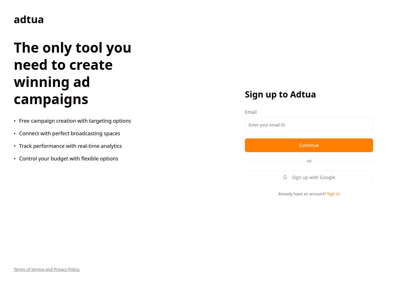 Adtua public website screenshot
