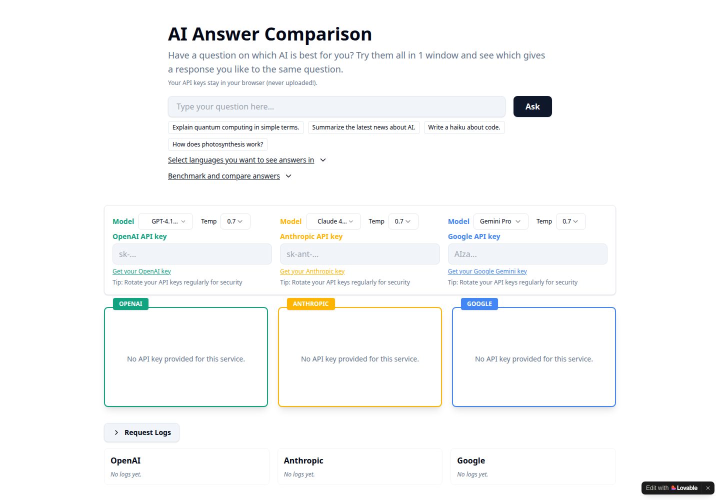 AI Answer Comparison public website screenshot