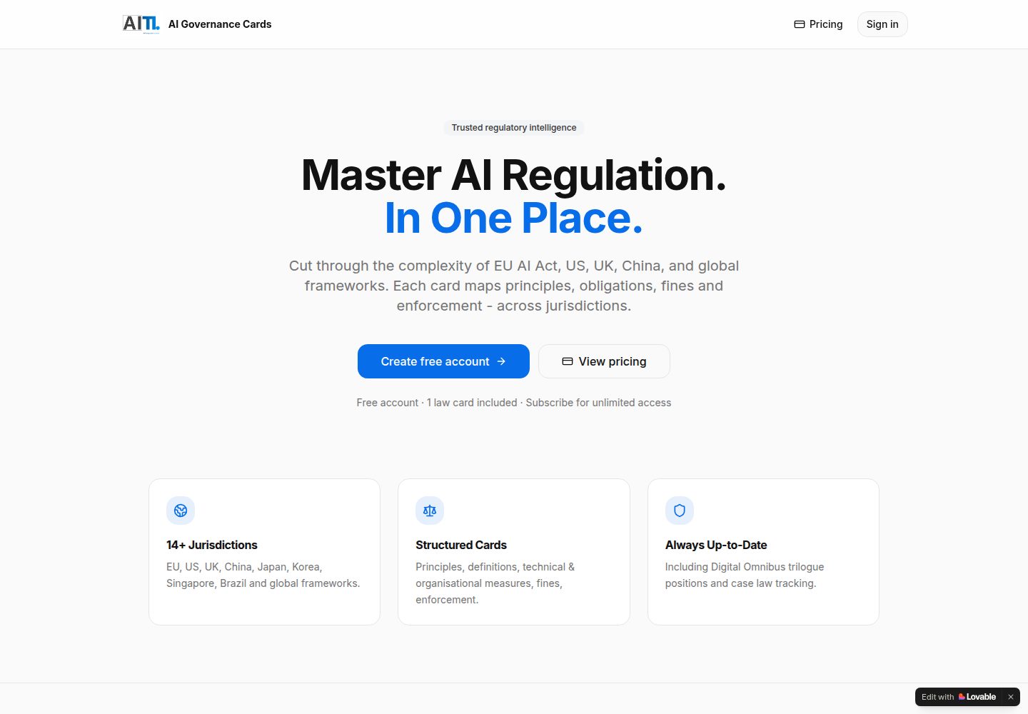 AI Governance Cards public website screenshot