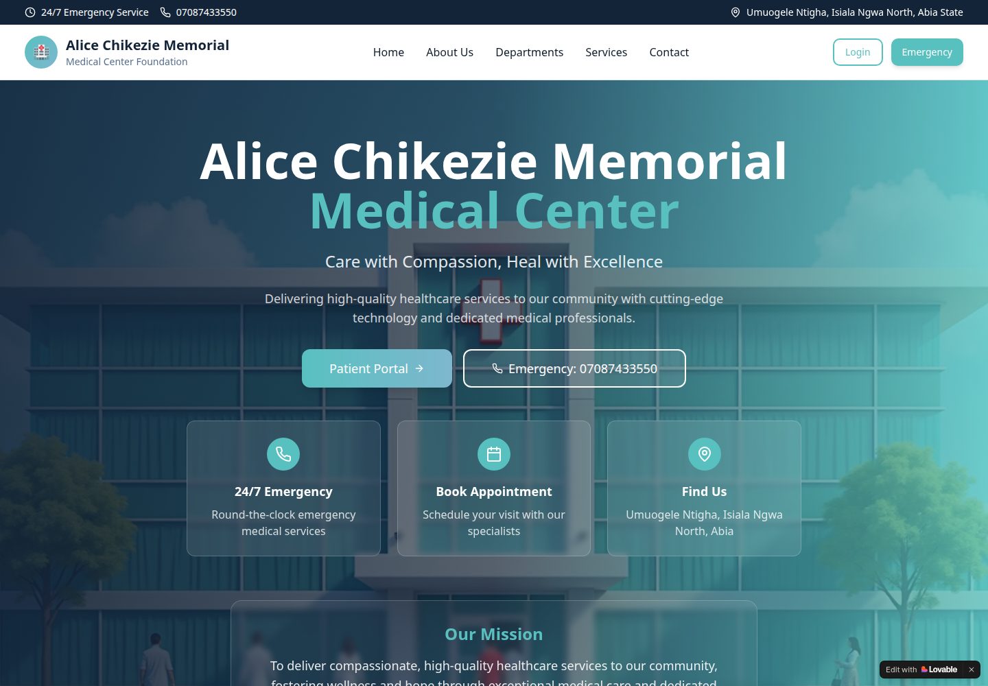 Alice Chikezie Memorial Medical Center Foundation public website screenshot