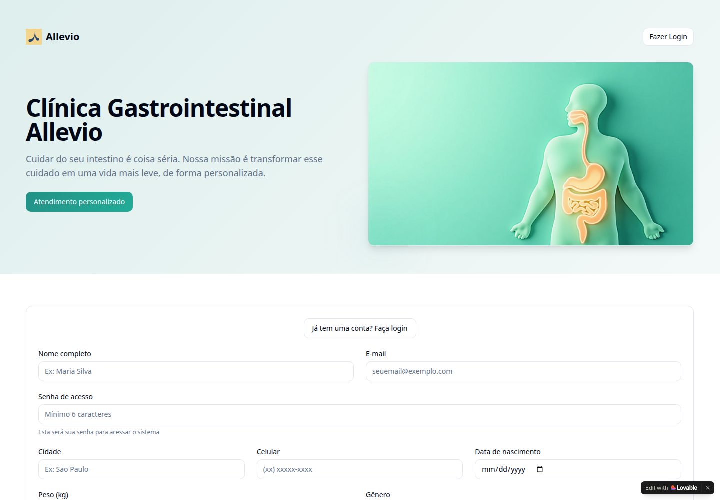 Allevio public website screenshot