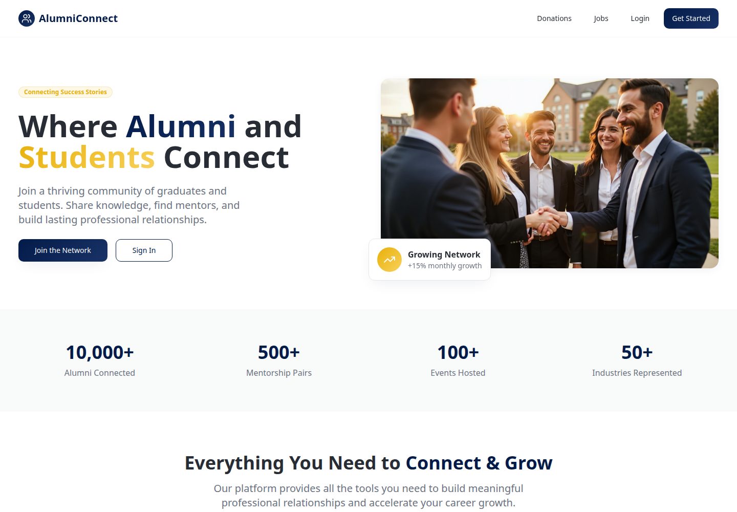 AlumniConnect public website screenshot