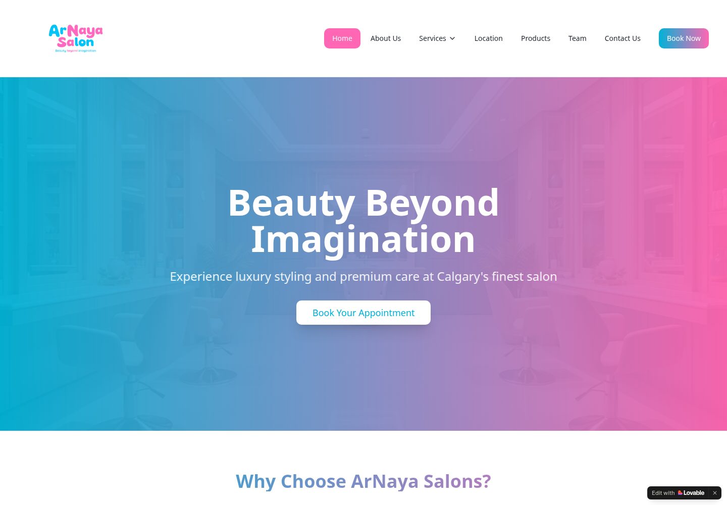 ArNaya Salons public website screenshot