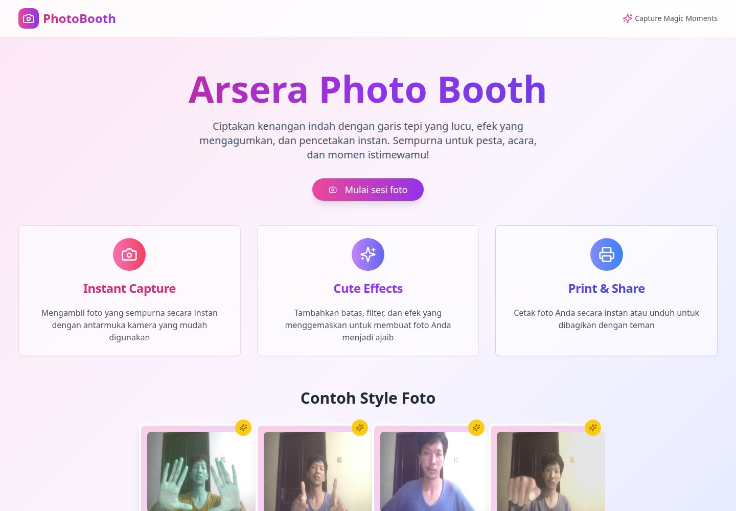 Arsera Photo Booth public website screenshot