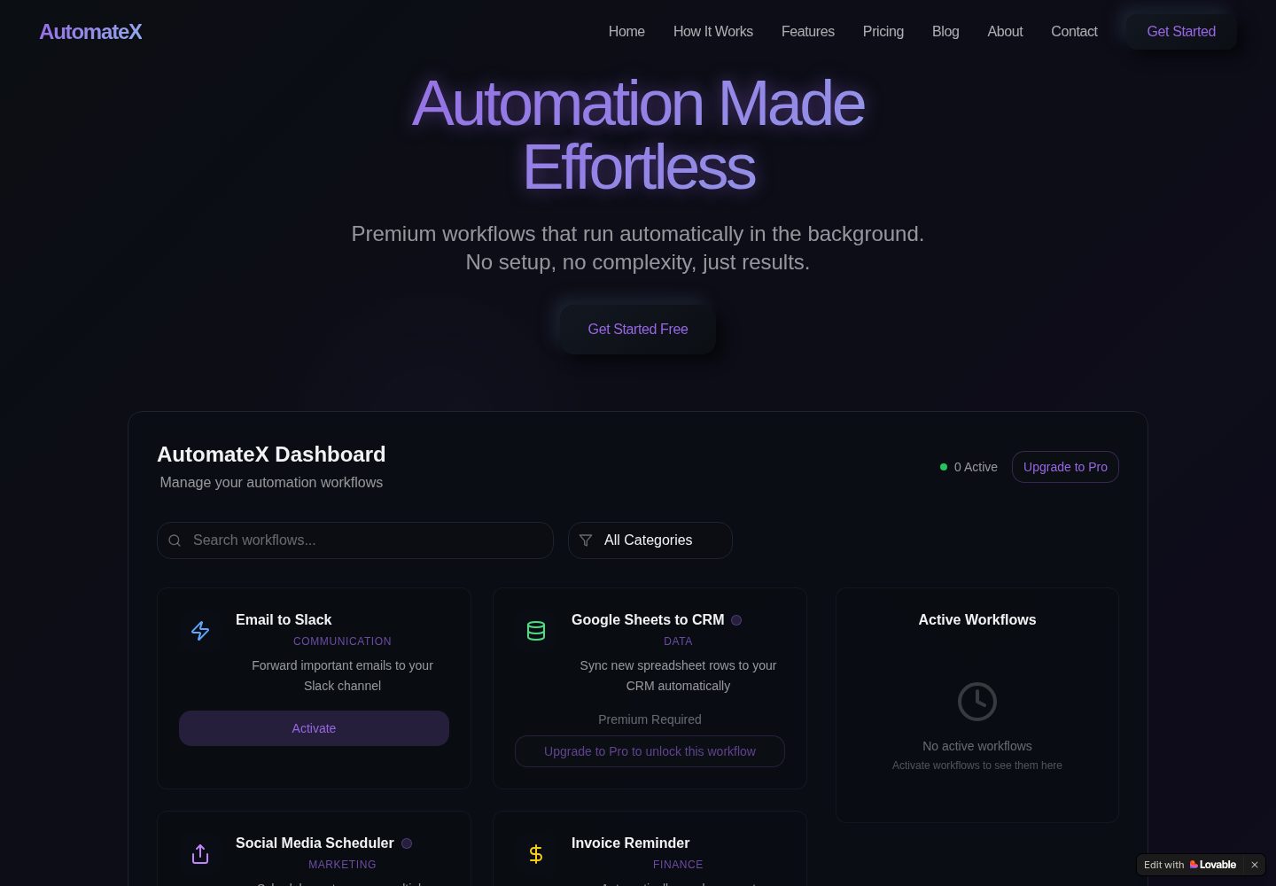 AutomateX public website screenshot