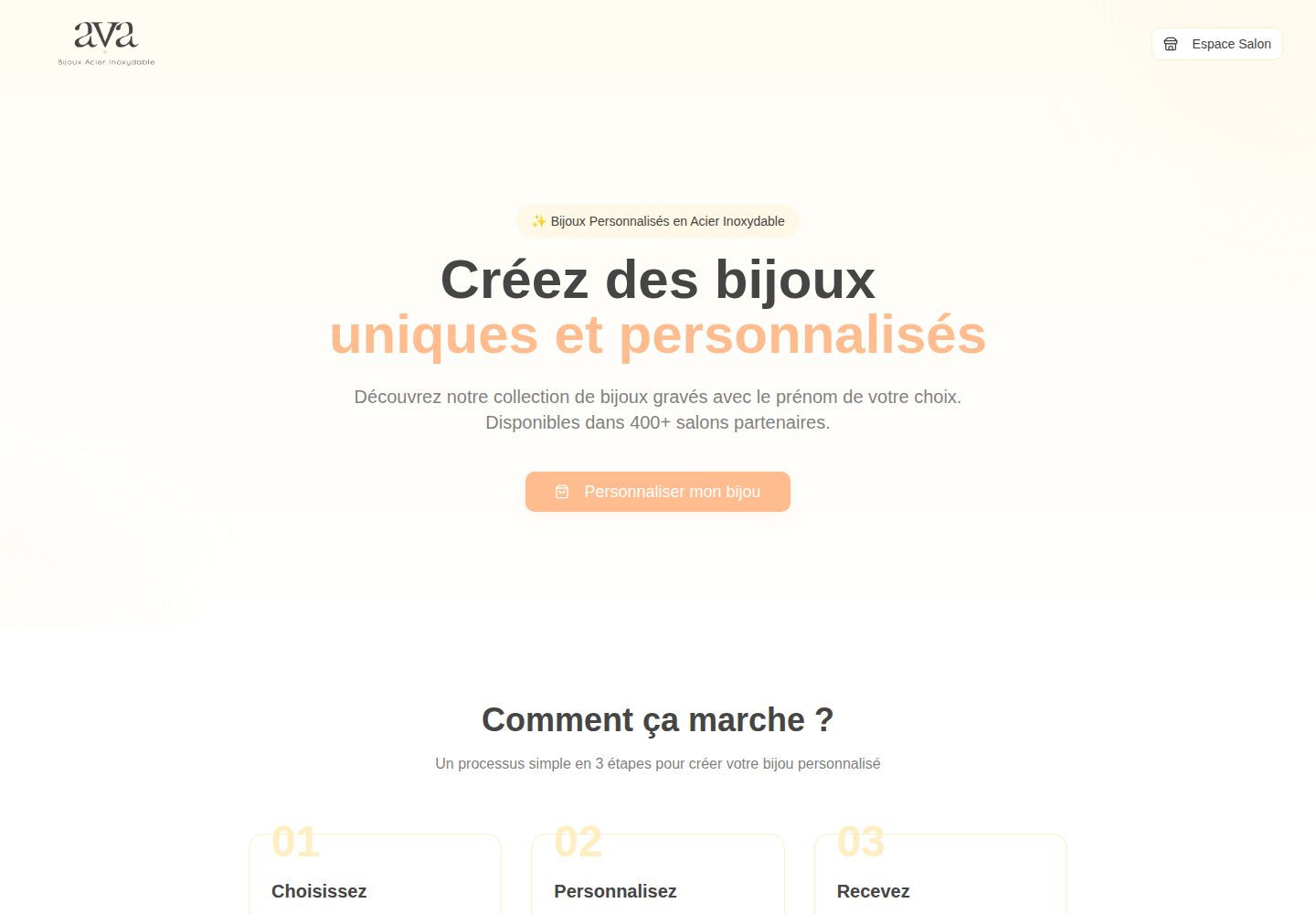AVA Bijoux Personnalisés public website screenshot