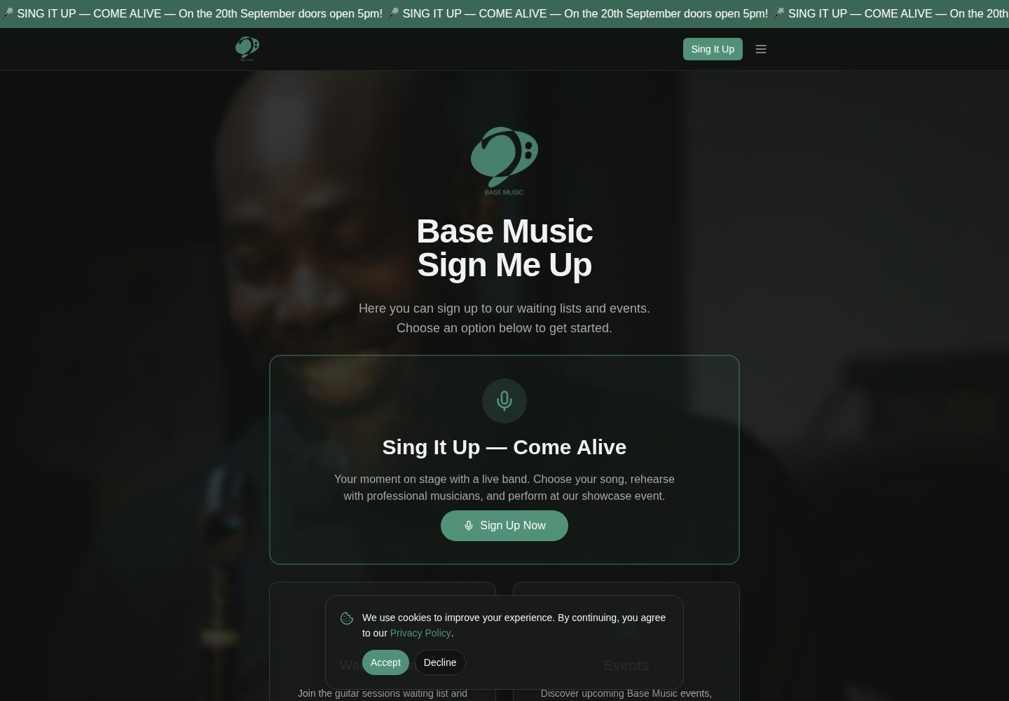 Base Music public website screenshot