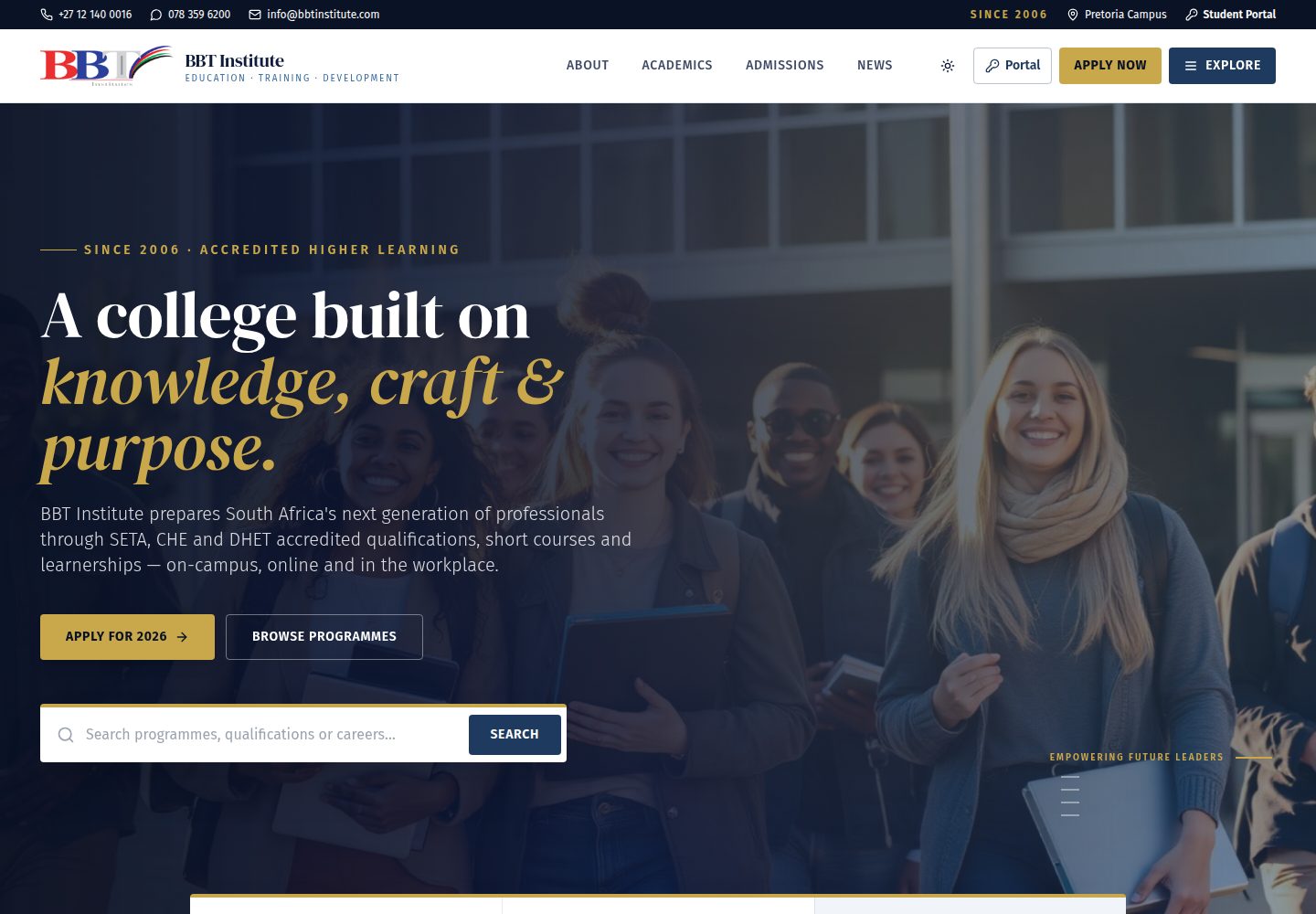 BBT Institute public website screenshot