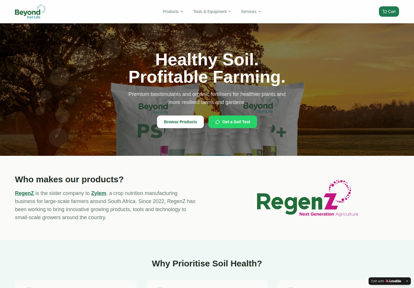 Beyond Soil Life public website screenshot