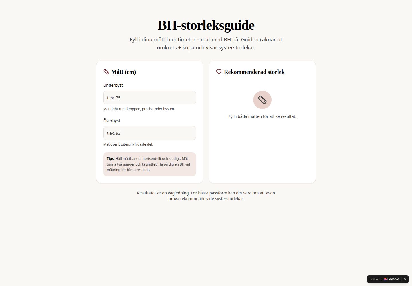 BH-storleksguide public website screenshot