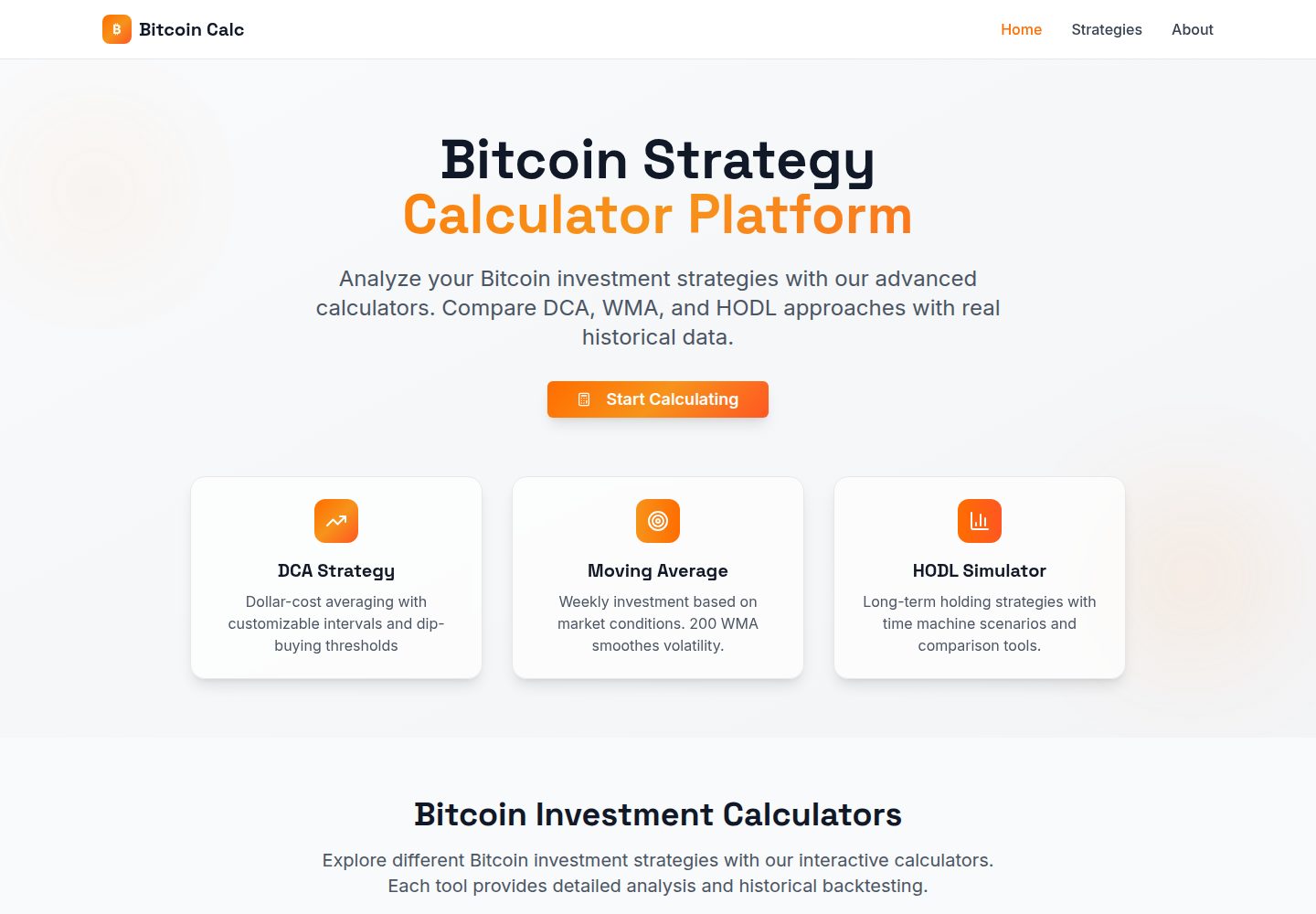 Bitcoin Calc public website screenshot