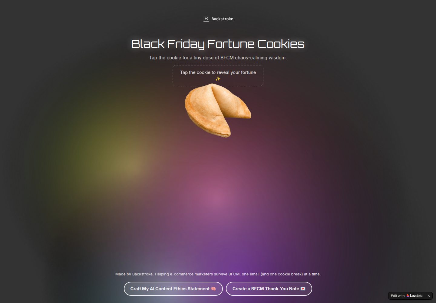 Black Friday Fortune Cookies public website screenshot