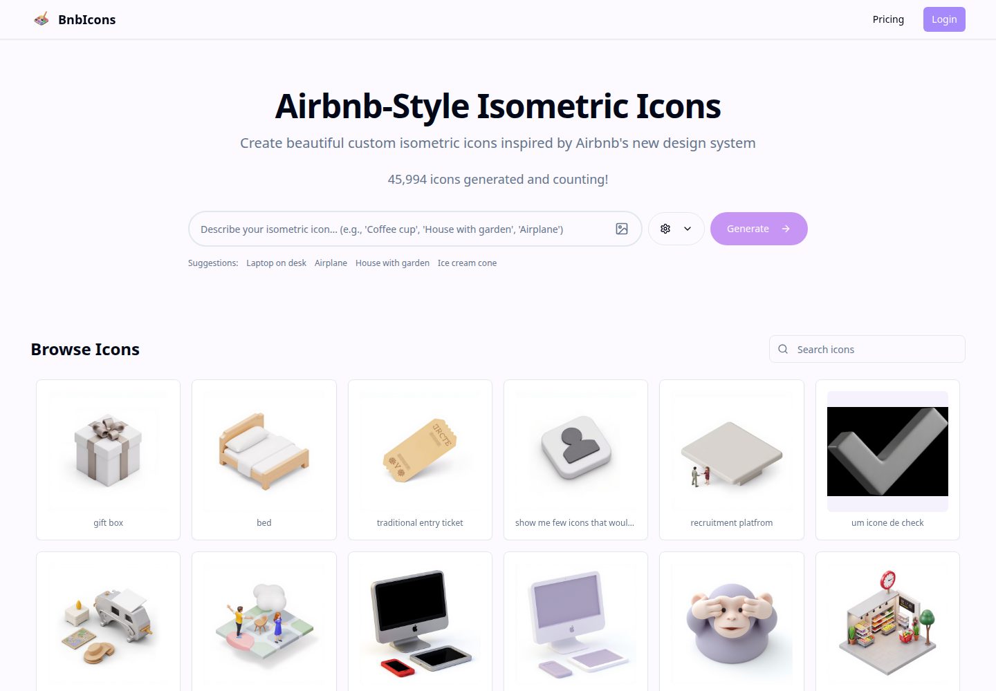 BnbIcons public website screenshot
