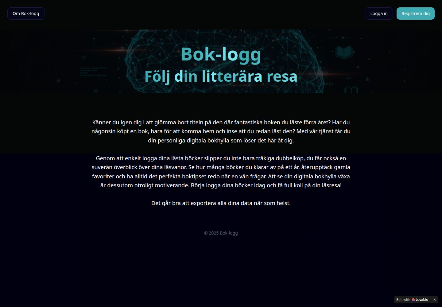 Bok-logg public website screenshot