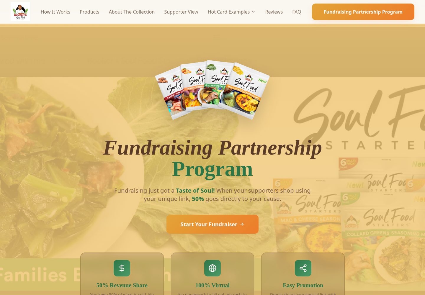 Booker's Soul Food Starters public website screenshot