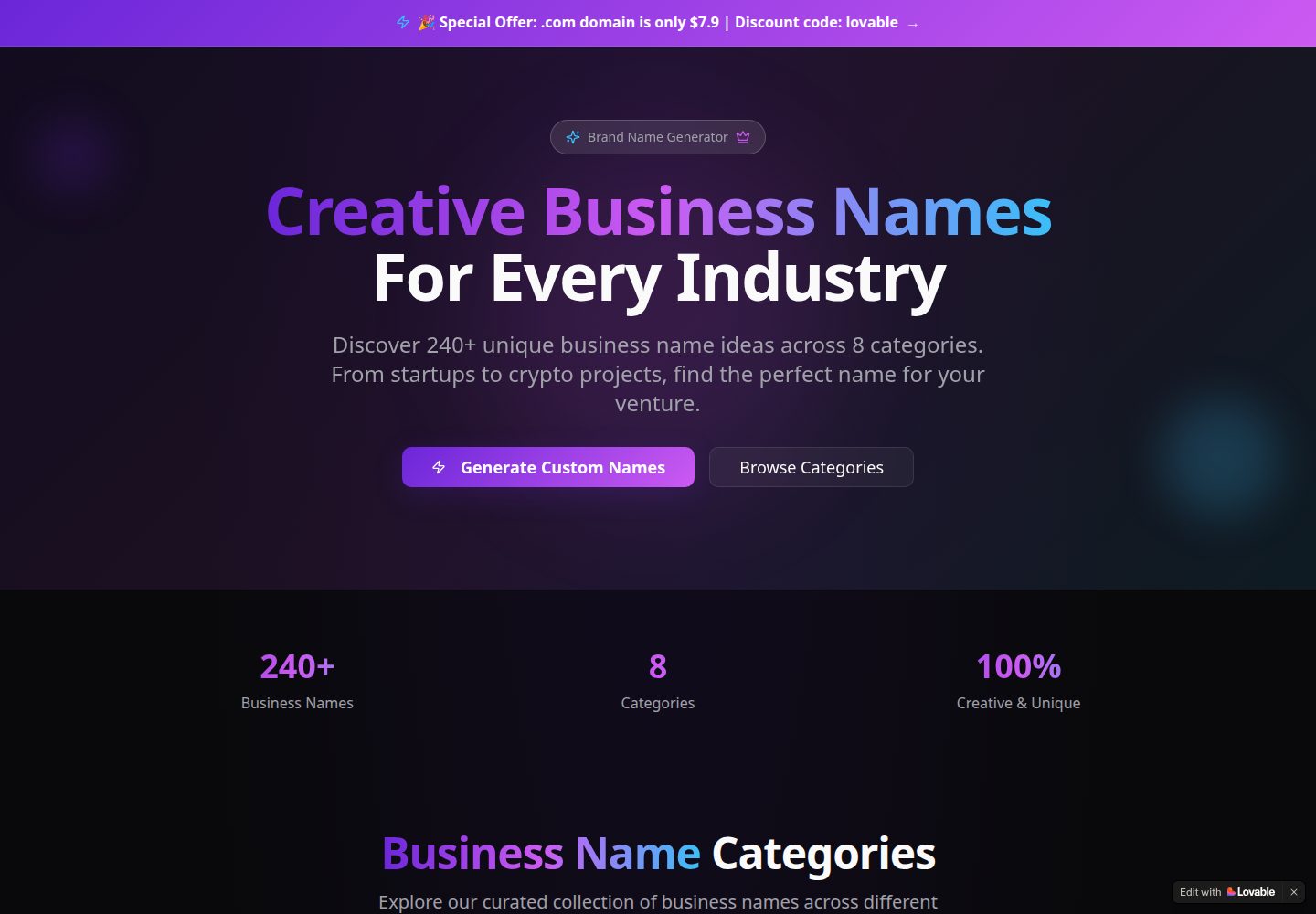 Brand Name Generator public website screenshot