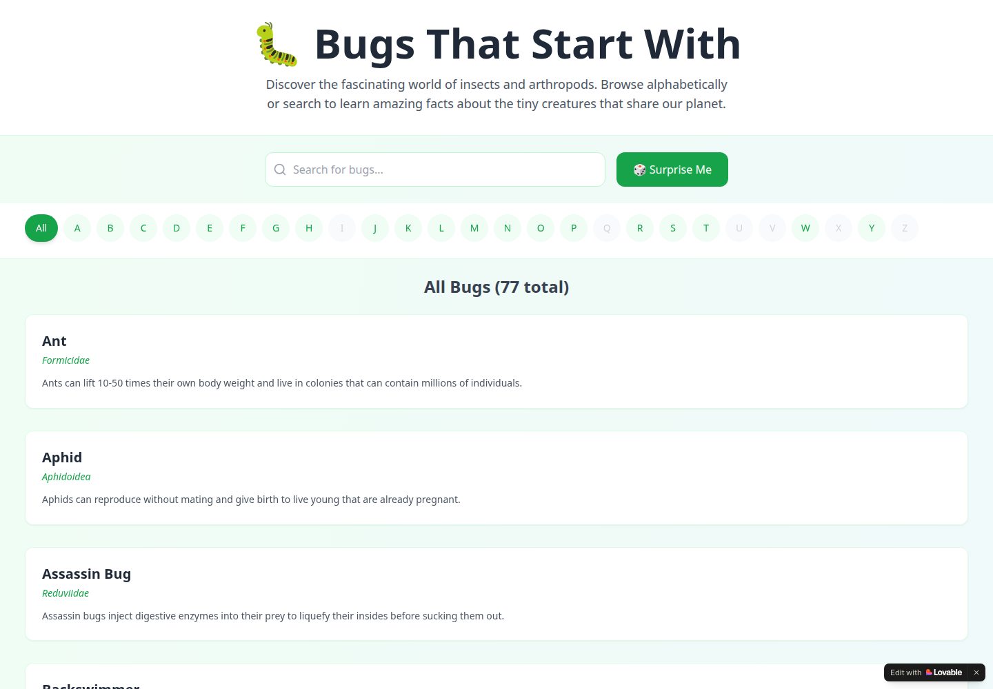 Bugs That Start With public website screenshot