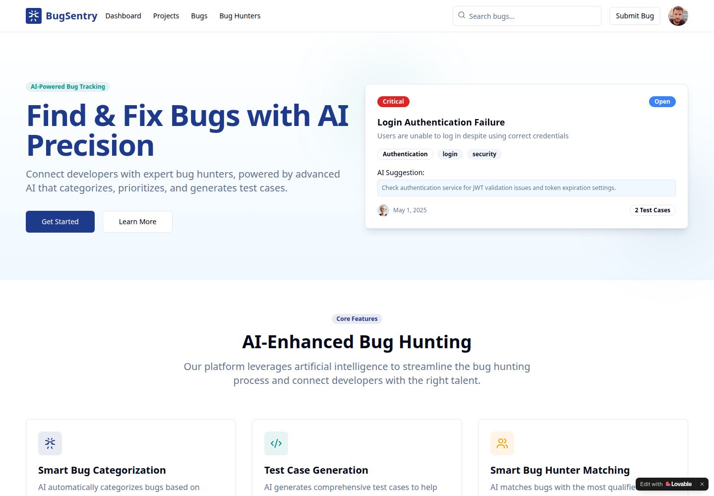 BugSentry public website screenshot