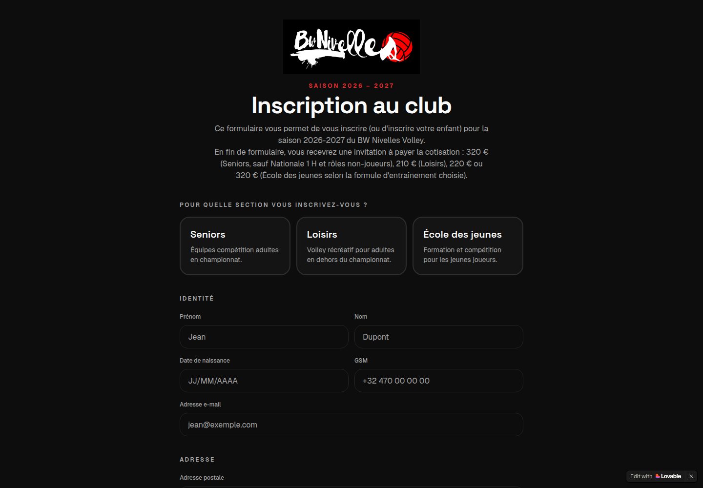 BW Nivelles Volley public website screenshot