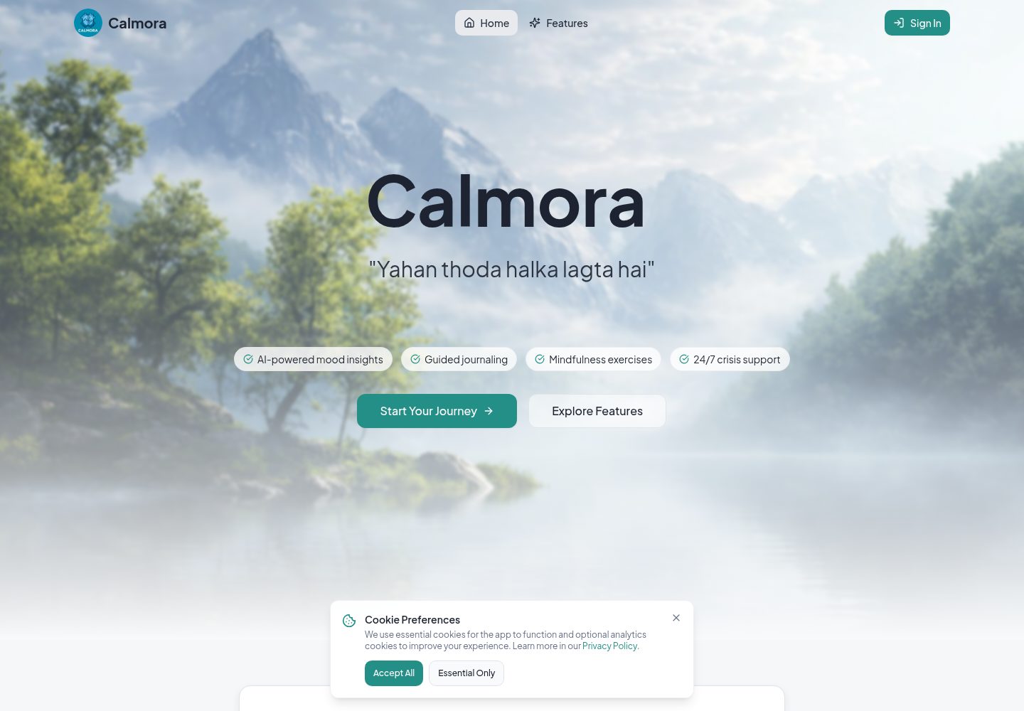 Calmora public website screenshot
