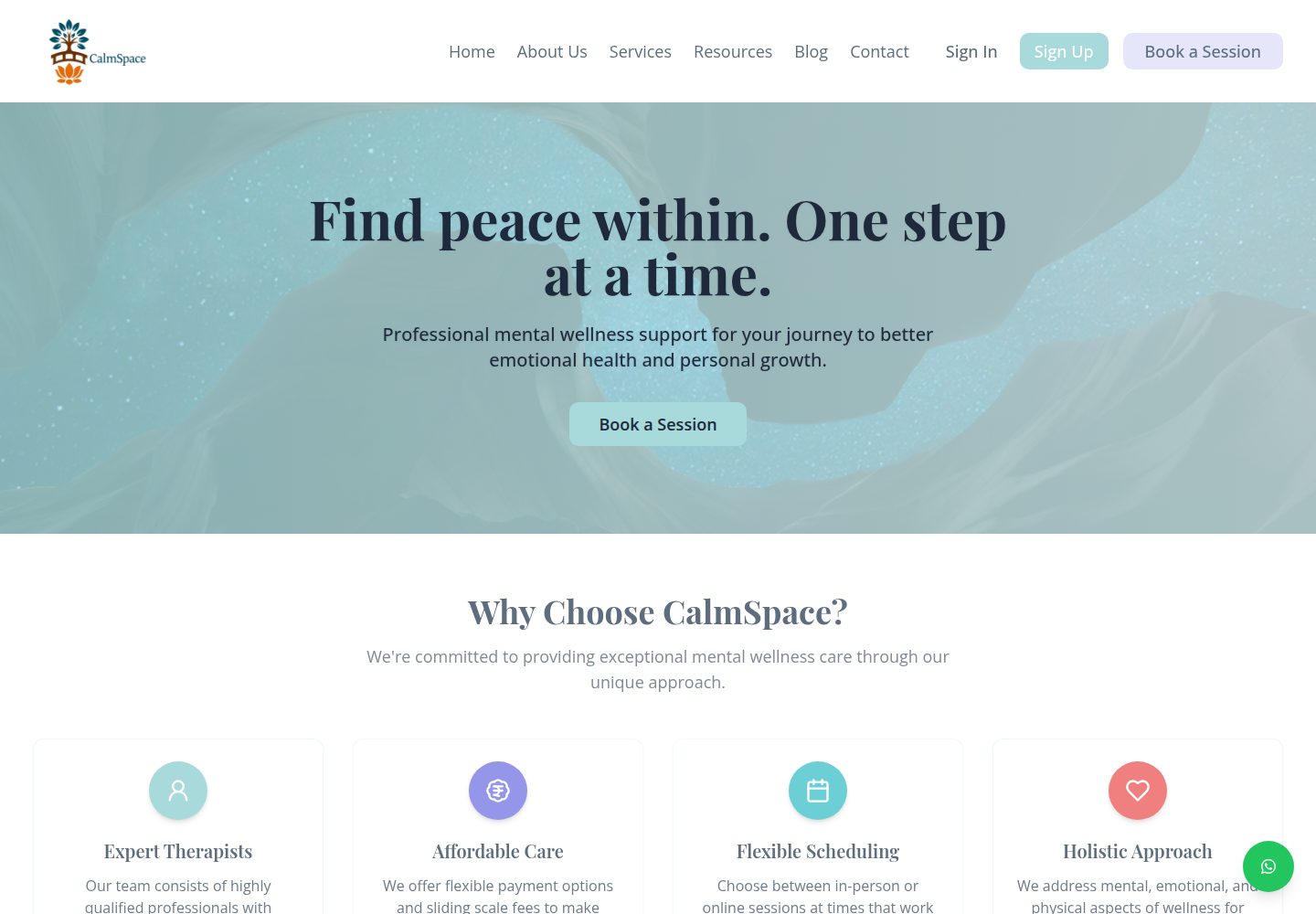 CalmSpace public website screenshot