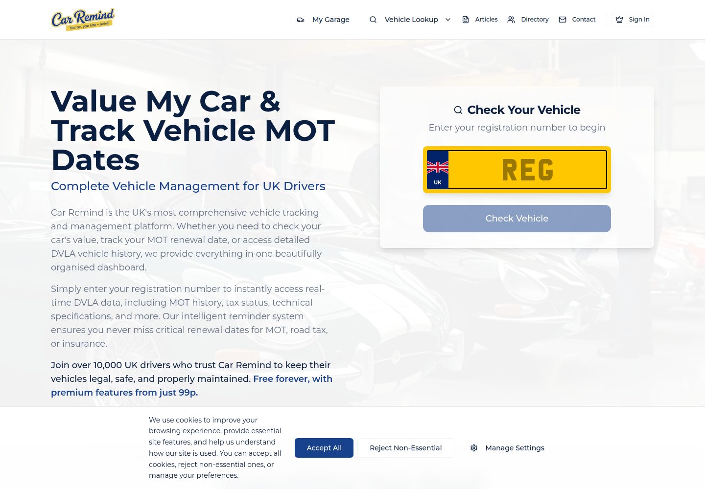 Car Remind public website screenshot