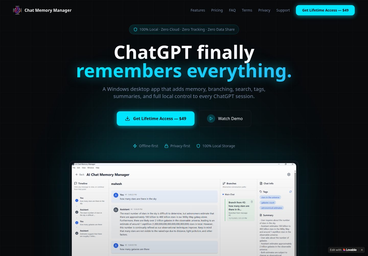 Chat Memory Manager public website screenshot