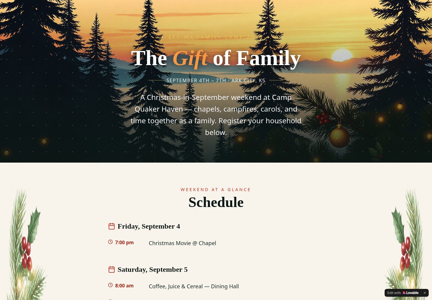Christmas-in-September Family Camp public website screenshot