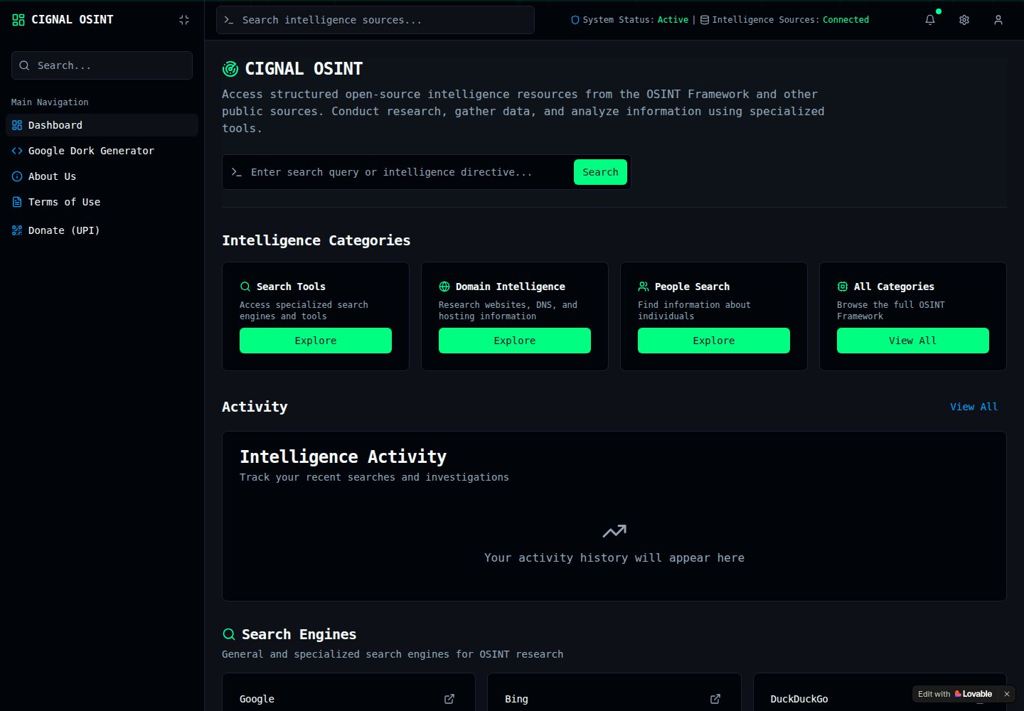 CIGNAL OSINT public website screenshot
