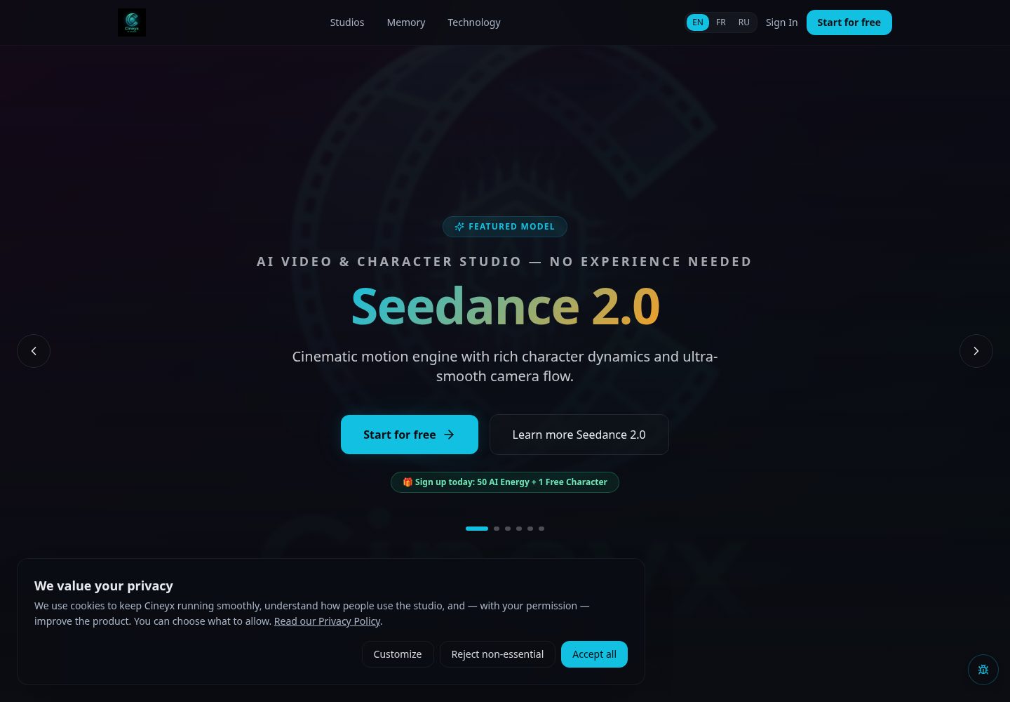 Cineyx AI public website screenshot