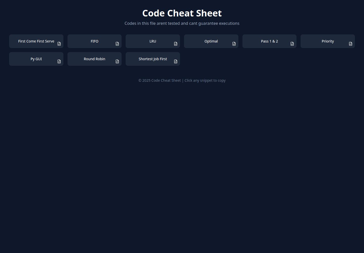 Code Cheat Sheet public website screenshot