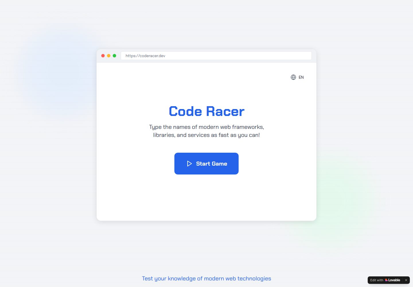 Code Racer public website screenshot