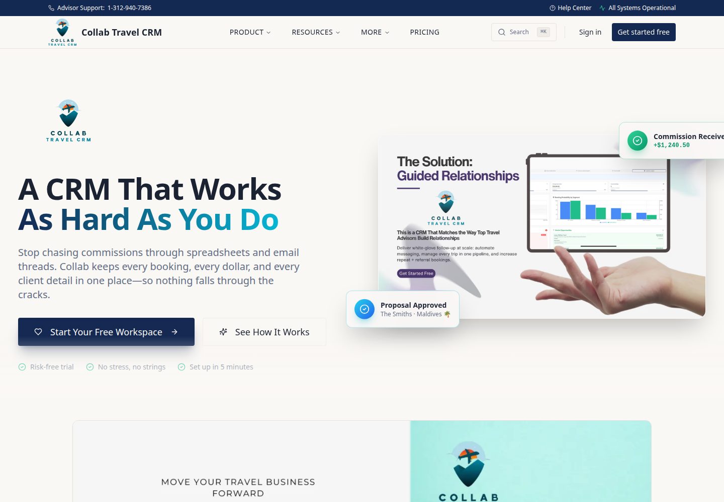 Collab Travel CRM public website screenshot