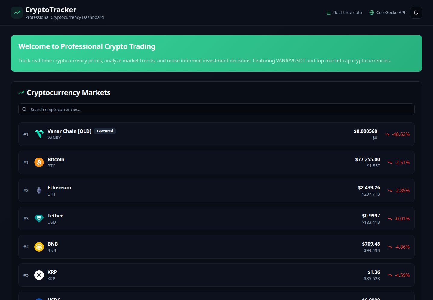 CryptoTracker public website screenshot