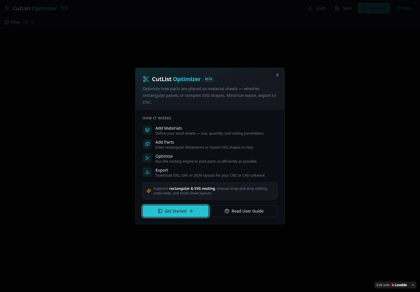 CutList Optimizer public website screenshot