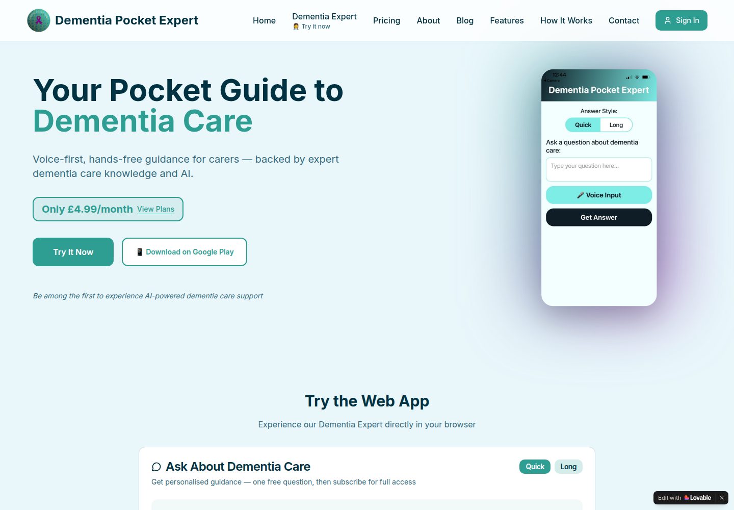 Dementia Pocket Expert public website screenshot