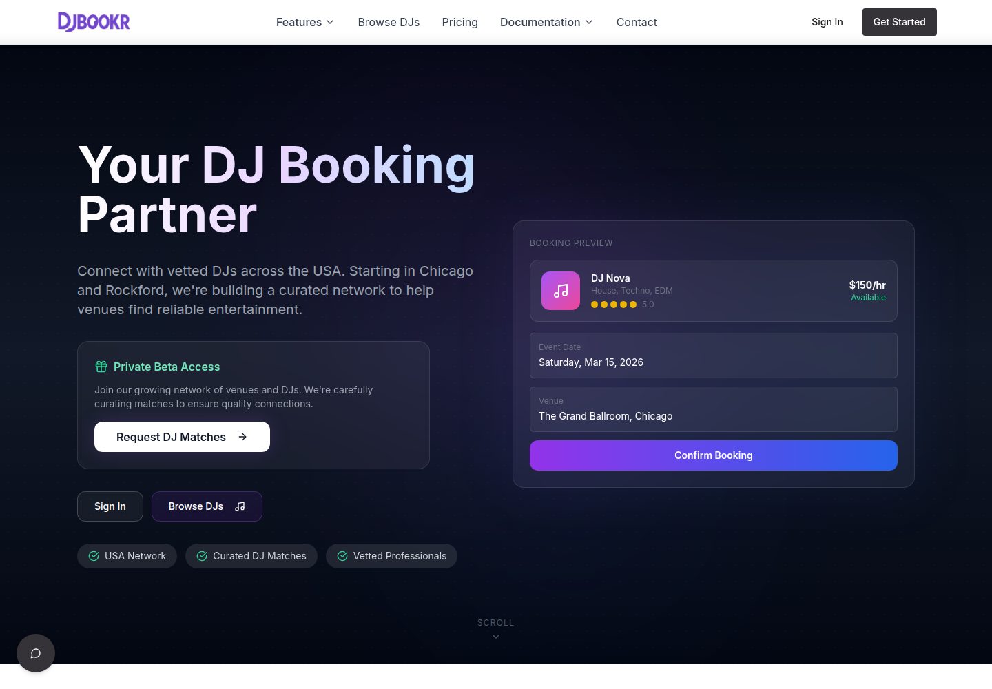 DJ BookR public website screenshot