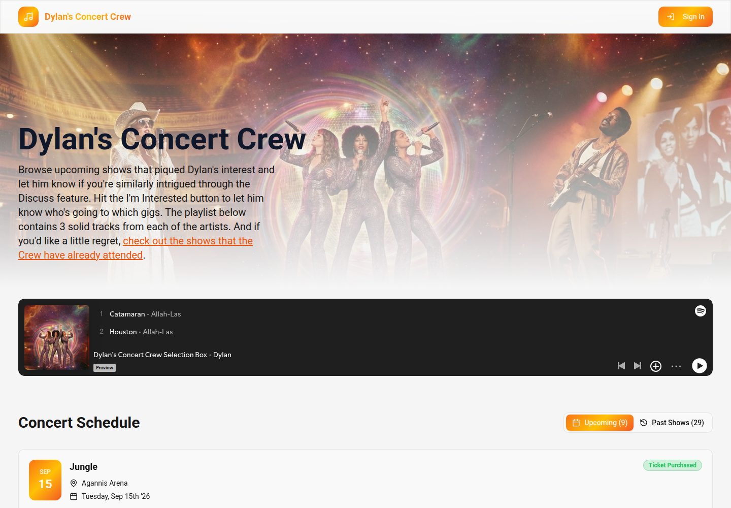 Dylan's Concert Crew public website screenshot