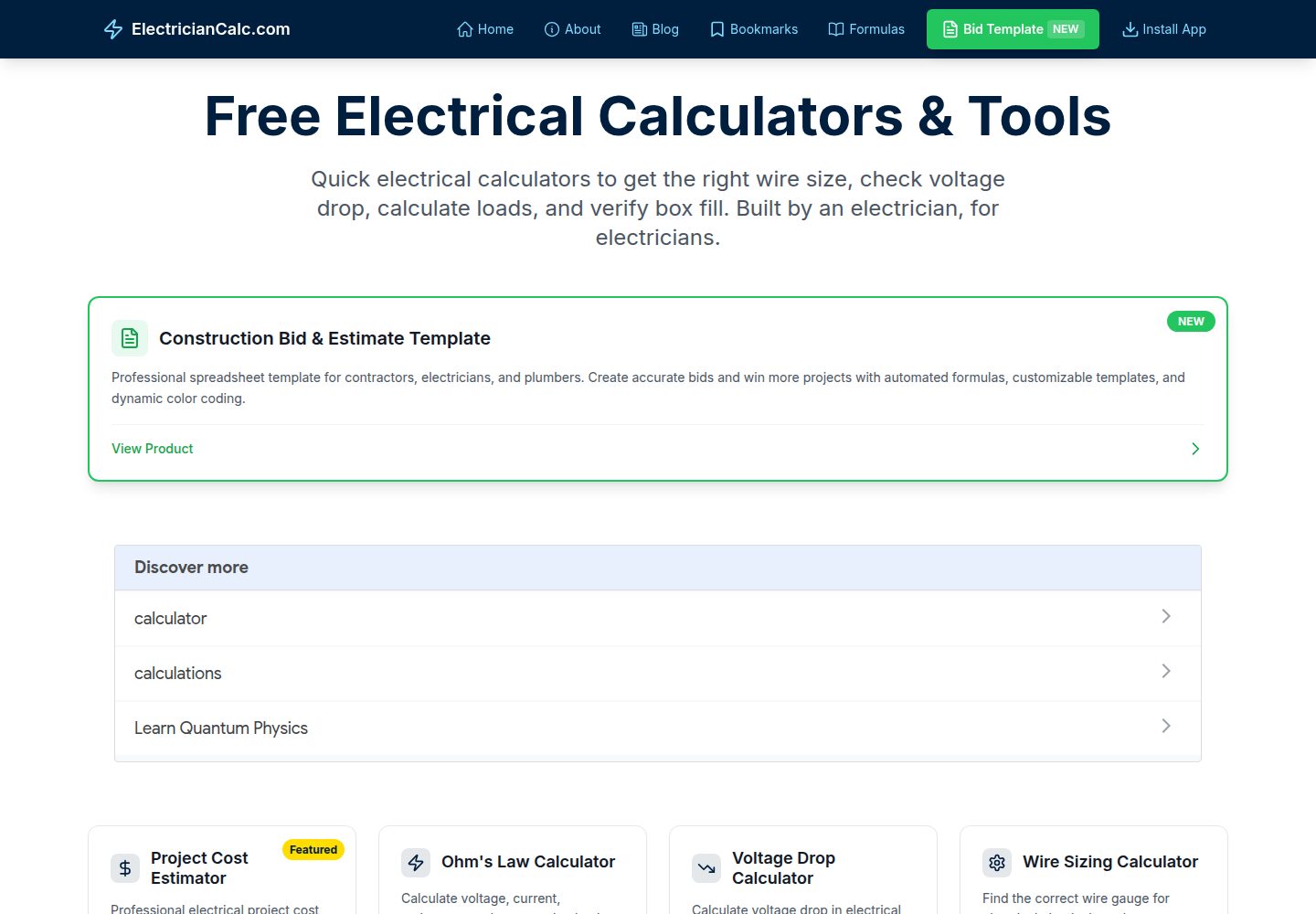 ElectricianCalc.com public website screenshot