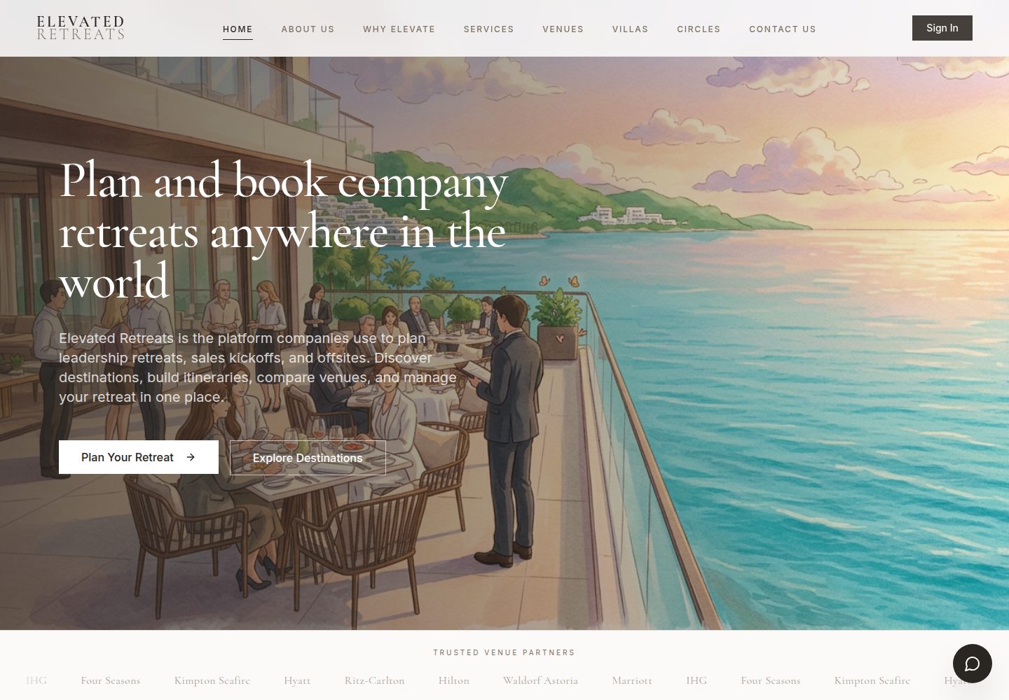 Elevated Retreats public website screenshot