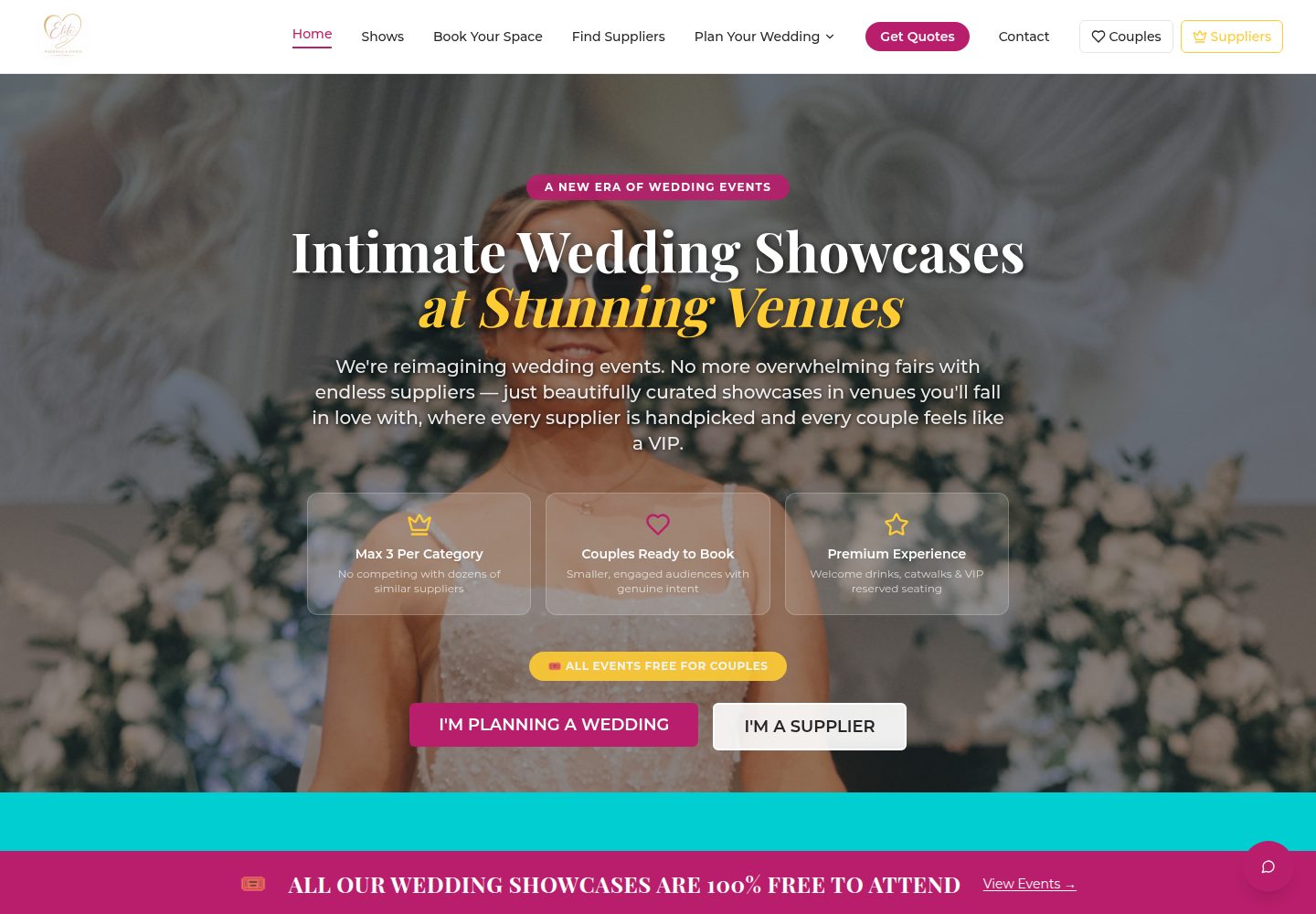 Elite Weddings & Events public website screenshot