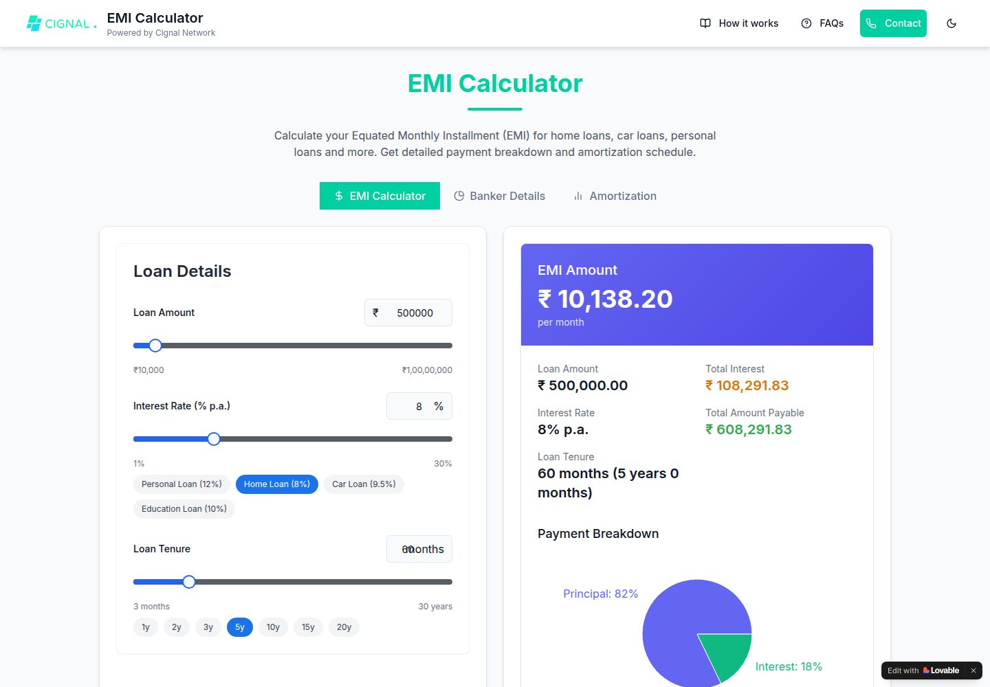 EMI Calculator public website screenshot