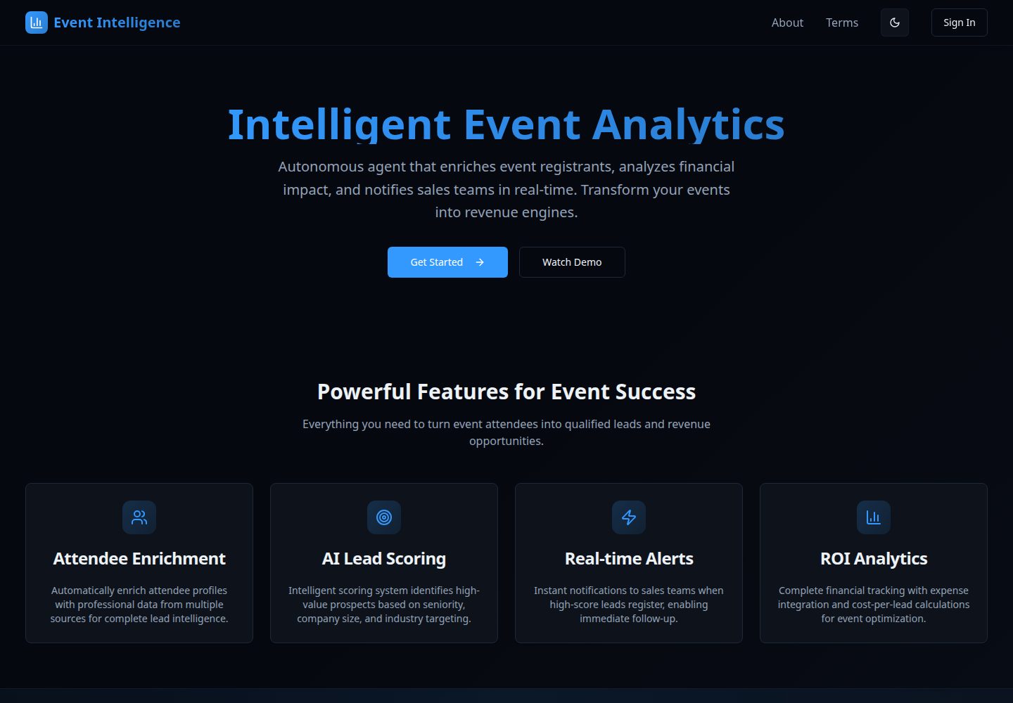 Event Intelligence public website screenshot