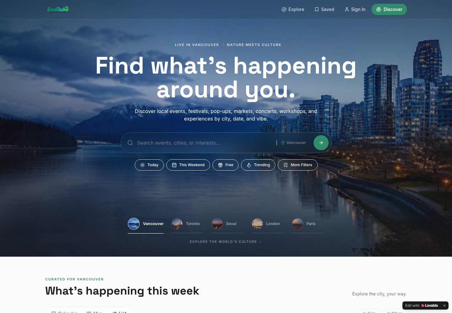EventRadar public website screenshot