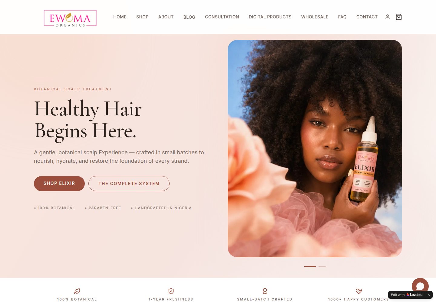 Ewoma Organics public website screenshot
