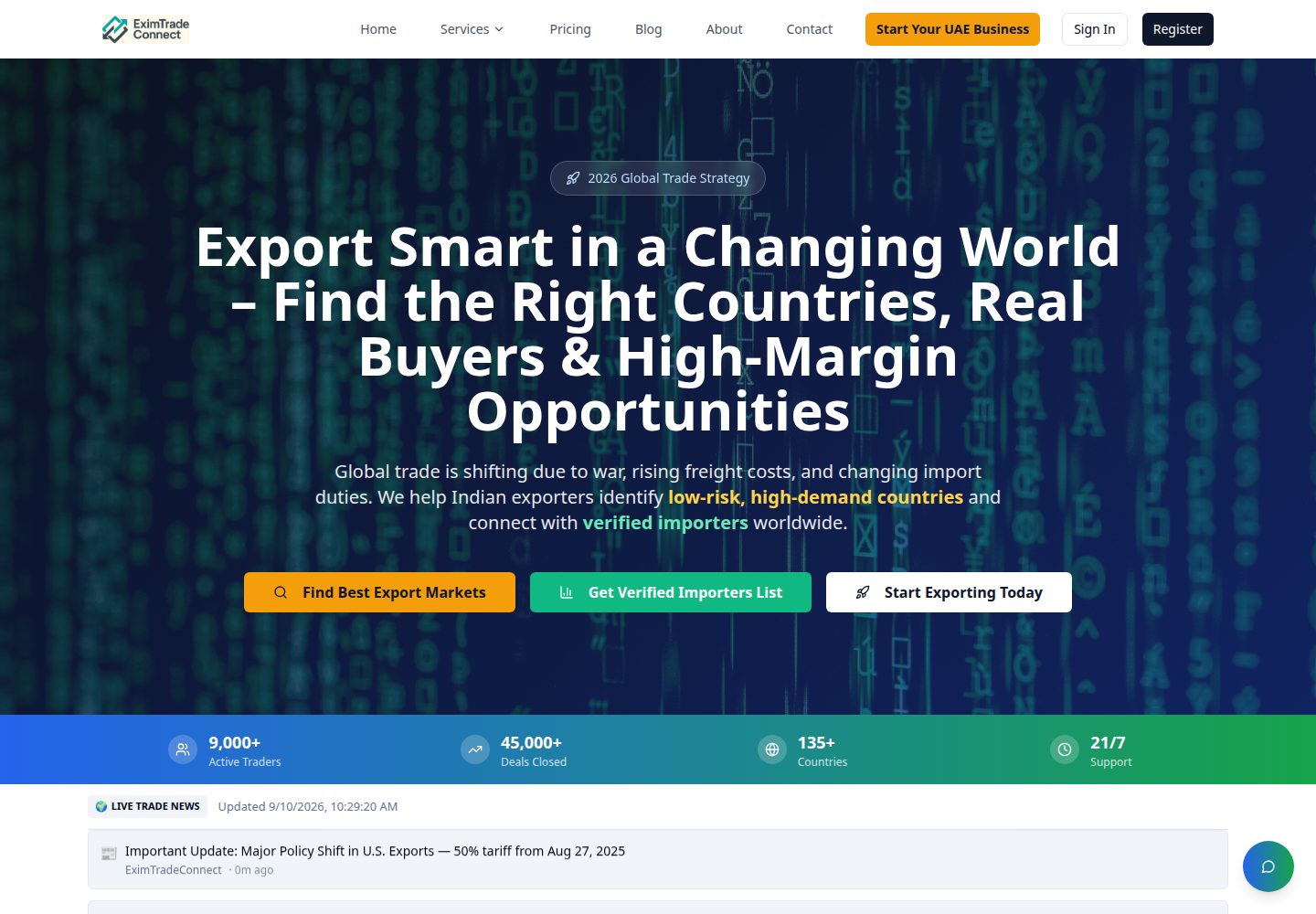 EximTradeConnect public website screenshot
