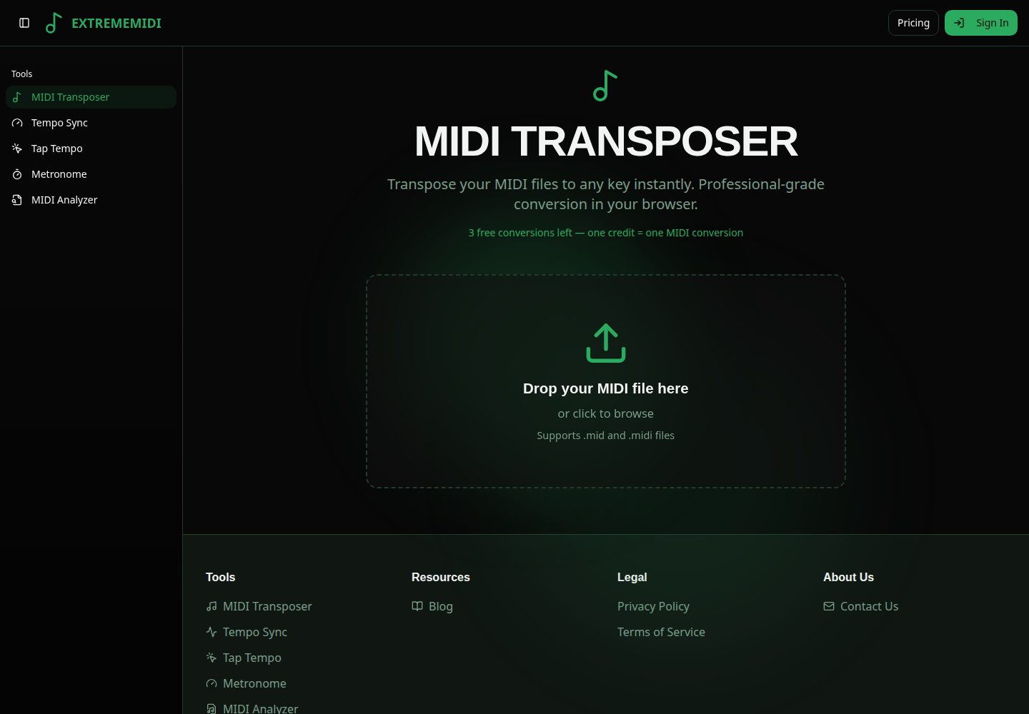 ExtremeMIDI public website screenshot