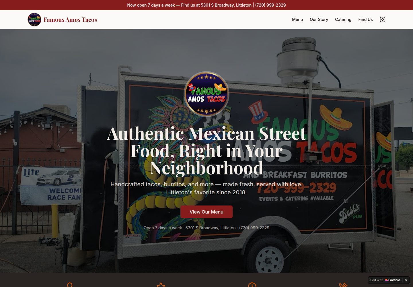 Famous Amos Tacos public website screenshot