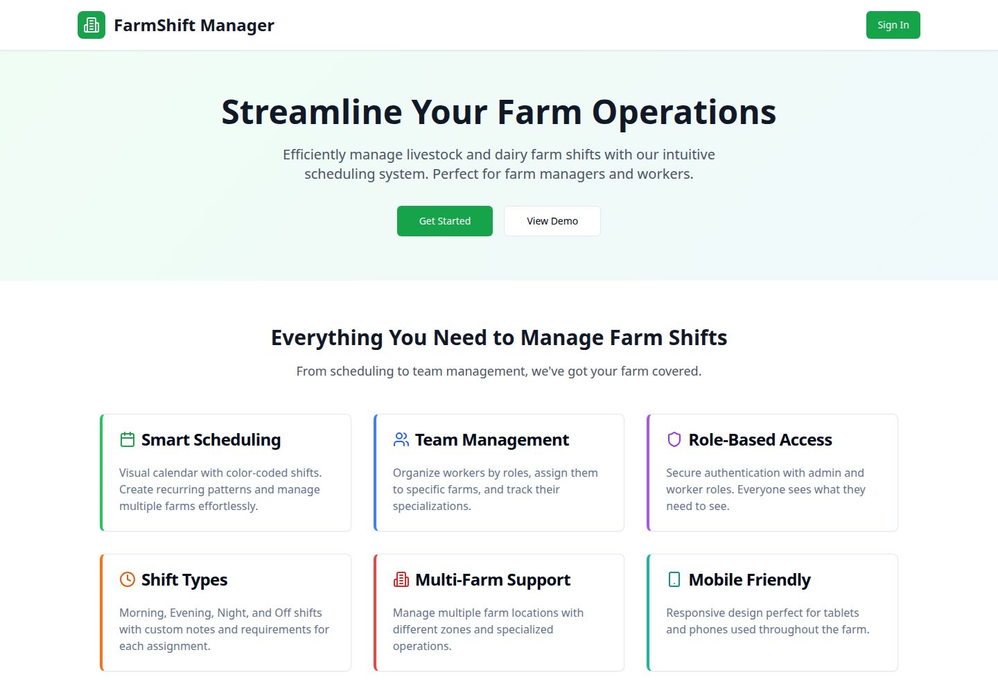 FarmShift Manager public website screenshot