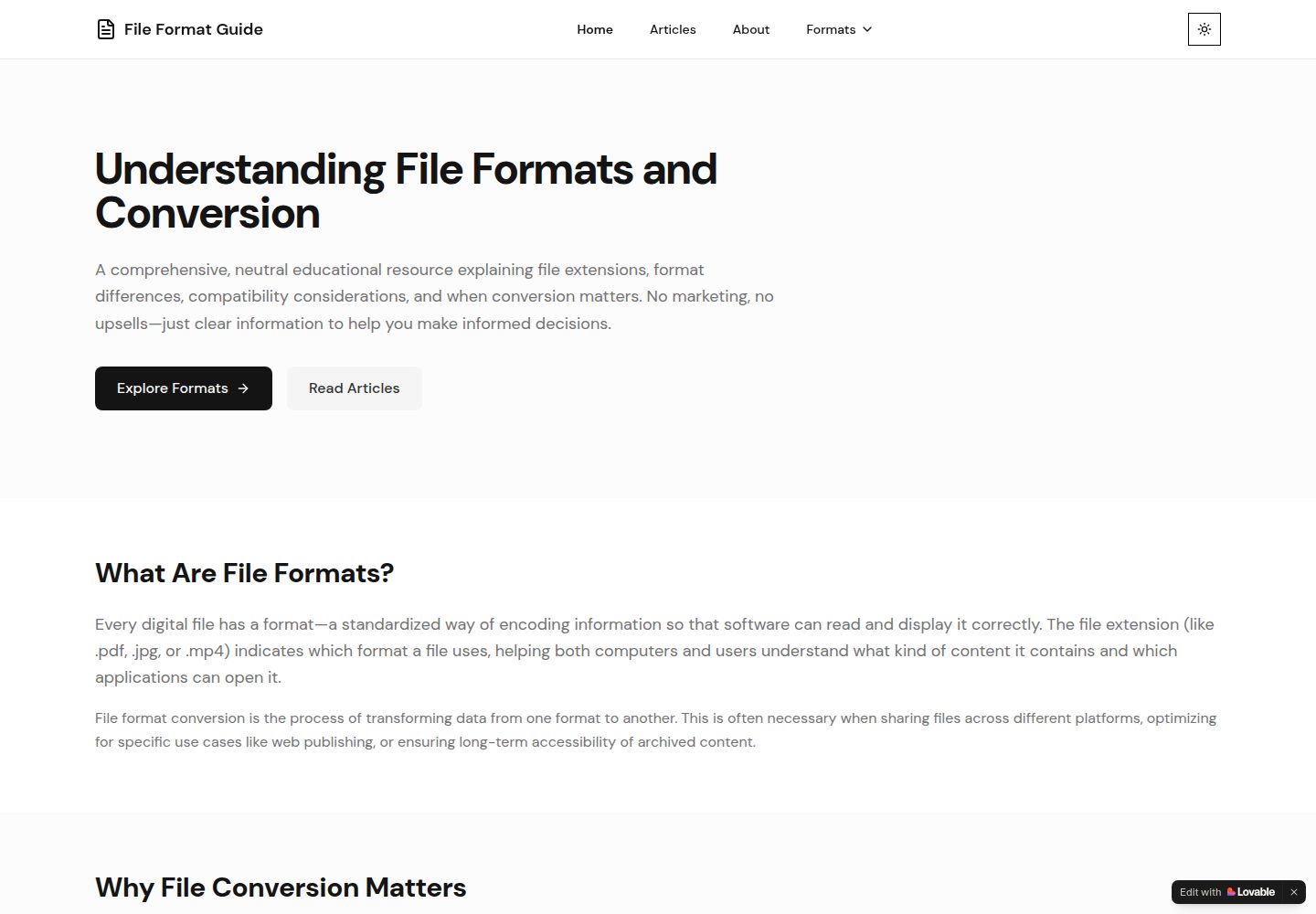 File Format Guide public website screenshot